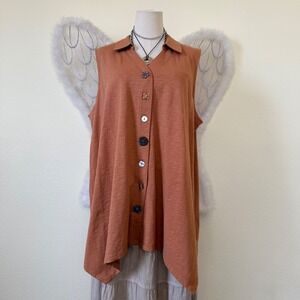 Indie Grunge Mori Girl Rust Orange Sleeveless Button Front Collared Tunic Top